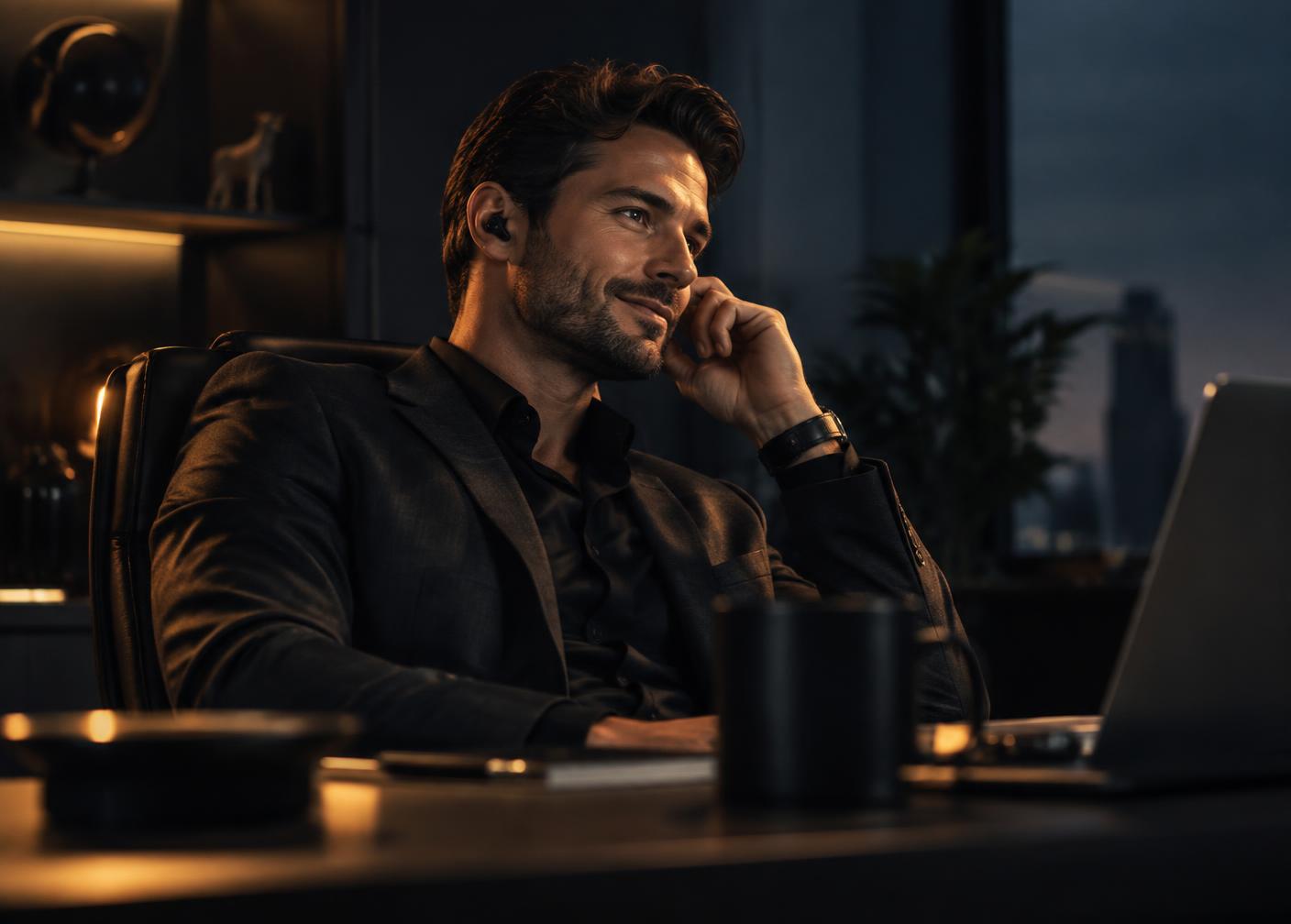 Verkoper met oortje tijdens een telefonisch verkoopgesprek